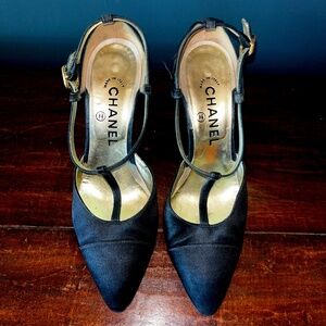 Vintage Chanel Black Satin T-Strap Heel